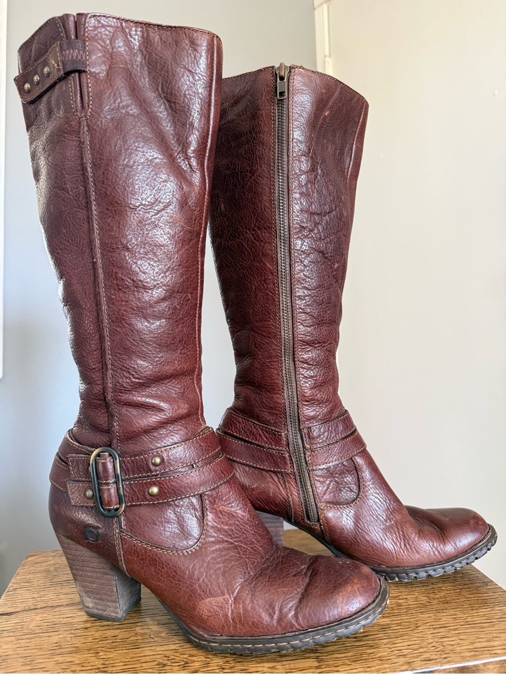 Born Women's Tall Leather Buckle Boots - Chestnut Brown. Distressed look